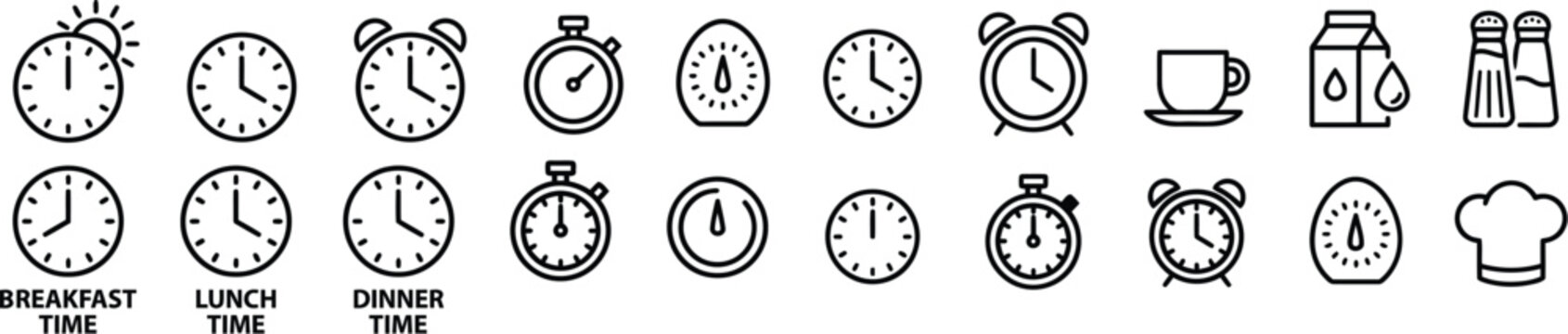 Clock And Kitchen Icons Line Art Style On White Background