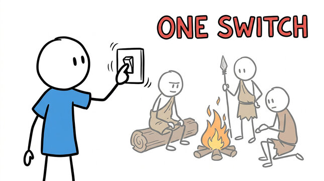 modern stick figure flipping a wall switch while ancient campfire scene appears behind them as a ghostly overlay