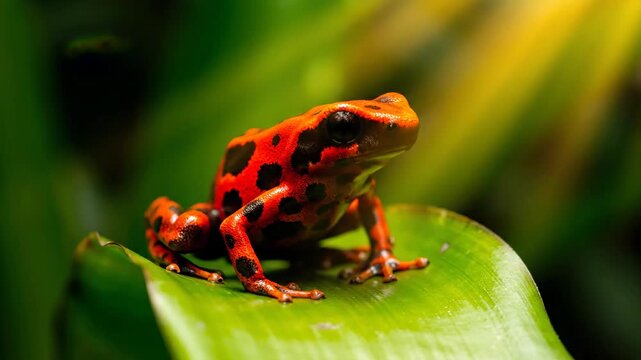 Vibrant red and black poisonous frog sits on a bright green leaf in sunlit rainforest jungle while basking