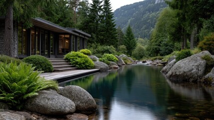 Naklejka premium Floating forest spa pavilion above clear alpine stream features heated pool and cedar wood architecture surrounded by pine trees at sunrise