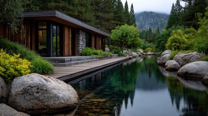 Fototapeta premium Luxury floating spa pavilion sits above clear alpine stream with heated pool surrounded by trees during golden sunrise with soft fog