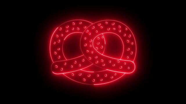 glowing neon Pretzel icon isolated on black background. German comfort food pastry. Oktoberfest festival for food and bakery branding. 4K Video animation.