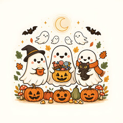 Naklejka premium Ghosts celebrate Halloween with a basket of candy and a warm mug while holding a small black cat near carved jack-o-lanterns.