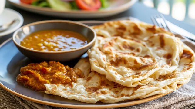 roti canai, malaysian flaky flatbread with curry dip