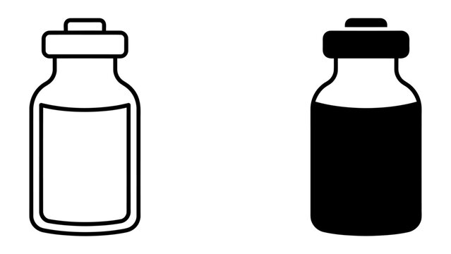 Vial Icon Set: A minimalist graphic depicting two vials, one outlined and the other filled, representing medical samples or scientific research.