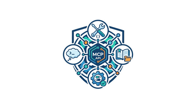 MCP API Shield Logo: Cloud, Tools, Book, Gear - Tech Integration Concept