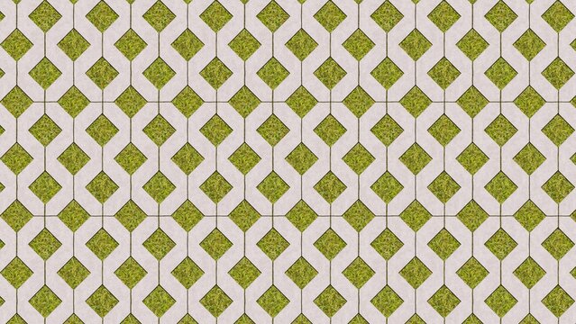 Seamless texture of eco-friendly concrete paver blocks with vibrant green grass growing through the geometric holes. Ideal for landscaping, driveway, and outdoor architecture visuals.