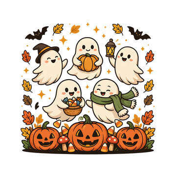 Ghosts celebrate the spooky season with carved pumpkins and treats under a sky filled with bats and autumn foliage.