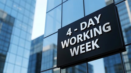 Fototapeta premium Four day working week text displayed on a black signage board, mounted to the glass exterior of a modern corporate skyscraper building in the city