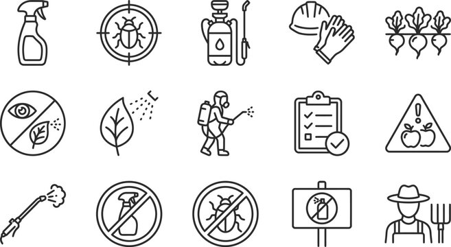 Pesticide and garden care icons, illustrating bug spray, protective gear, plant health, and pest control for agricultural and gardening themes.