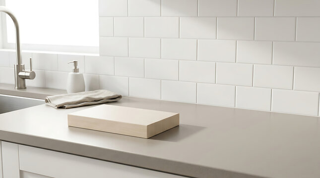 Wooden cutting board on a kitchen countertop with white subway tile backsplash and sink faucet