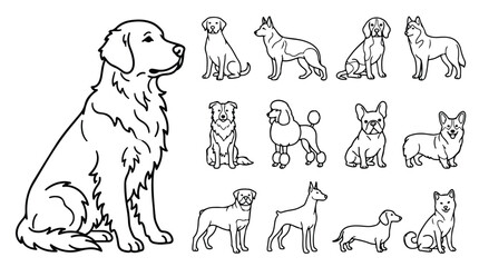 Minimalist dog breed line art collection, 13 black and white canine vector icons, simple pet illustrations for logos and coloring books © usman