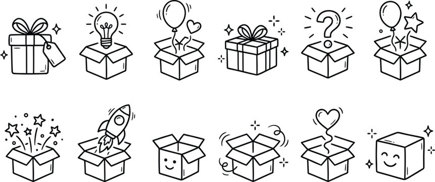 Set of outline vector ilustration of various gift boxes, some open with surprises like light bulbs, balloons, and hearts, on transparent background.