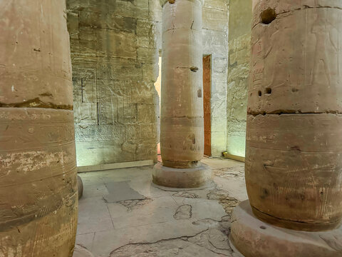 Beautiful interiors and ancient hieroglyphs in the Temple of Seti I in Abydos, Egypt.
