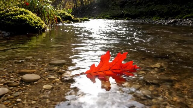A single red leaf floats on a shallow stream with mossy rocks and sunlit forest during autumn