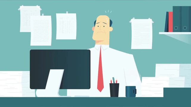 2D animated office businessman working at desk with computer, flat vector character style for corporate website, onboarding and explainer videos