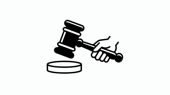 A hand holds a gavel above a sound block in a courtroom setting.