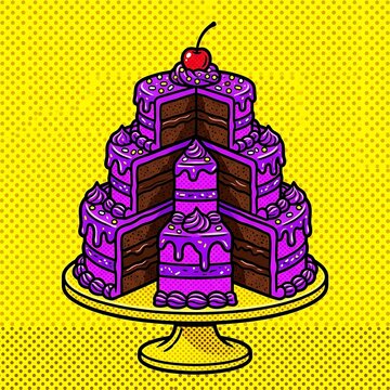 pop art poster of a tiered chocolate layer cake with bright violet frosting, yellow background,.