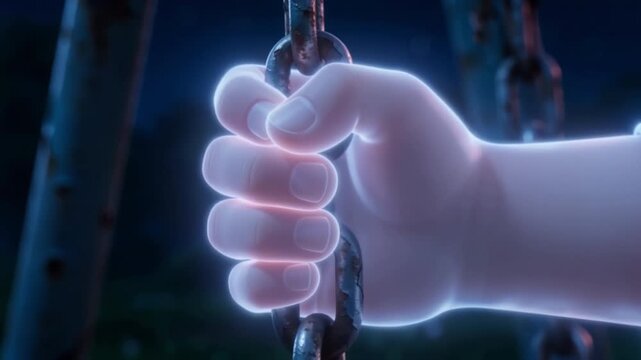 A ghostly, translucent hand emerges from the shadows to slowly grasp the rusty chains of a lonely swing in a deserted