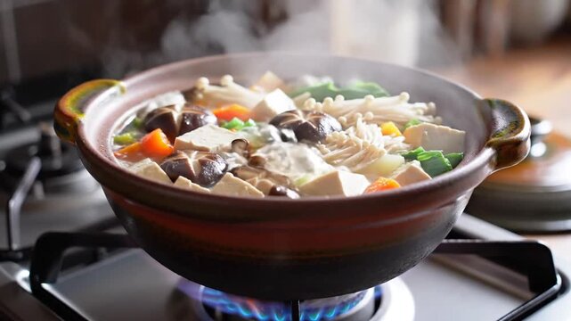 Traditional Japanese nabe hot pot with shiitake mushrooms and tofu simmering on a gas stove burner with steam