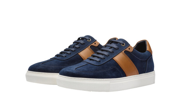 Isolated pair of stylish men's navy blue suede and brown leather casual sneakers