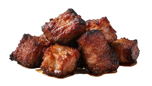 Isolated appetizing crispy glazed pork belly chunks perfect savory appetizer food photography