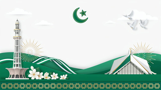 Pakistan Landscape with Mosque and National Flag