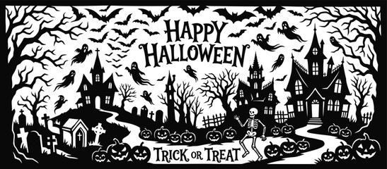 Fototapeta premium Happy halloween day greeting with spooky haunted house bats ghosts pumpkins and skeleton