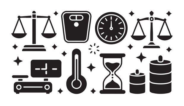 Set of measuring tools and precision instruments including scales and clocks silhouettes.