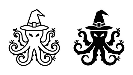 Spooky Octopus Witch Pair: Two whimsical octopus characters, one in black and white line art and the other in solid black, sport pointy witch hats, embodying a playful and mysterious Halloween theme. © abidakhatun