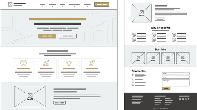 Website landing page wireframe template with gold accents