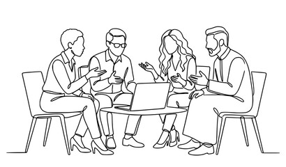 Fototapeta premium Continuous Line Art Diverse Business Team Collaborating Around Laptop Minimalist Black White Vector Illustration