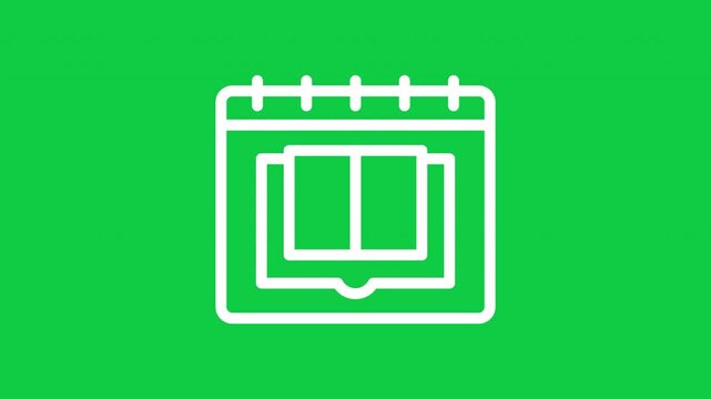Animated calendar with book outline icon on transparent background, ideal for study schedules, education planning, academic events, school organization and motion graphics.