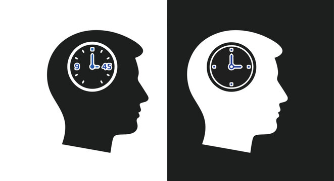 Head silhouette with clock icon vector - Line and glyph solid icon and logo template - Clipart, sticker - icon set