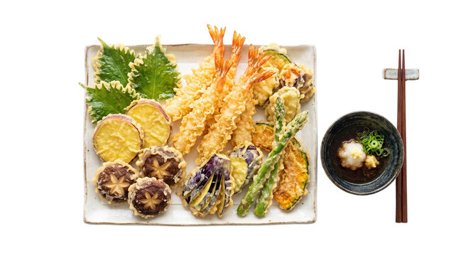 Japanese shrimp and vegetable tempura platter, crispy deep fried prawns with shiitake and eggplant, traditional asian seafood appetizer on white background