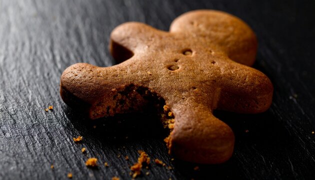 bitten gingerbread man cookie on dark textured background
