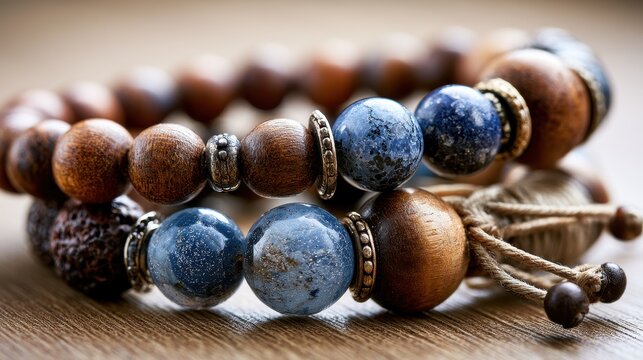 Natural stone and wooden bead bracelets on wooden surface