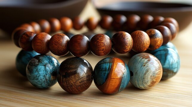 Macro shot of handcrafted wooden and resin bead bracelets on a bamboo texture