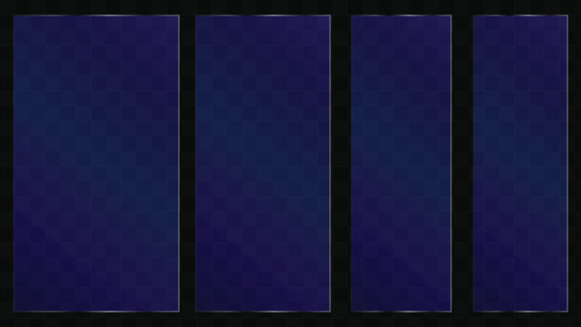 Four vertical blue glossy panels or banners on a dark grid background, abstract modern design elements for web or presentation layouts