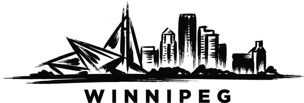 Winnipeg skyline silhouette with esplanade riel and the canadian museum for human rights in a black grunge textured ink brush stroke and Canada city