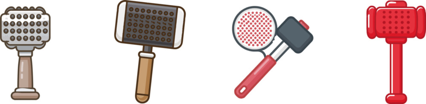A minimalist flat design kitchen meat tenderizer hammer icon features a solid brown handle with a textured metal head adorned with evenly spaced holes for efficient use in culinary tasks