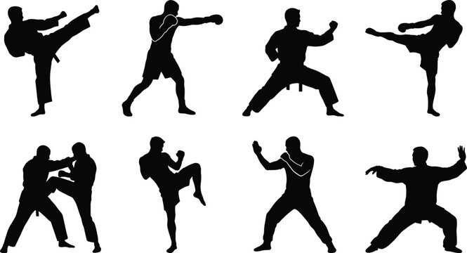 Martial arts and combat sports vector silhouette collection featuring karate taekwondo kung fu boxing and kickboxing