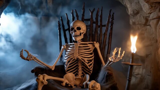 Spooky skeleton on throne surrounded by eerie candlelit skulls and cobwebs