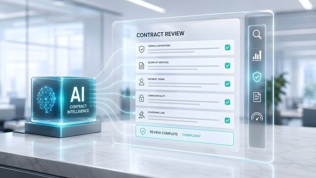 Transparent digital screen showing AI contract intelligence and automated legal review of business terms powered by artificial intelligence