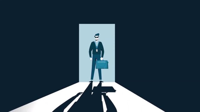 2D animated corporate professional walking out of a lit doorway for business transition, career change, and breakthrough explainer videos