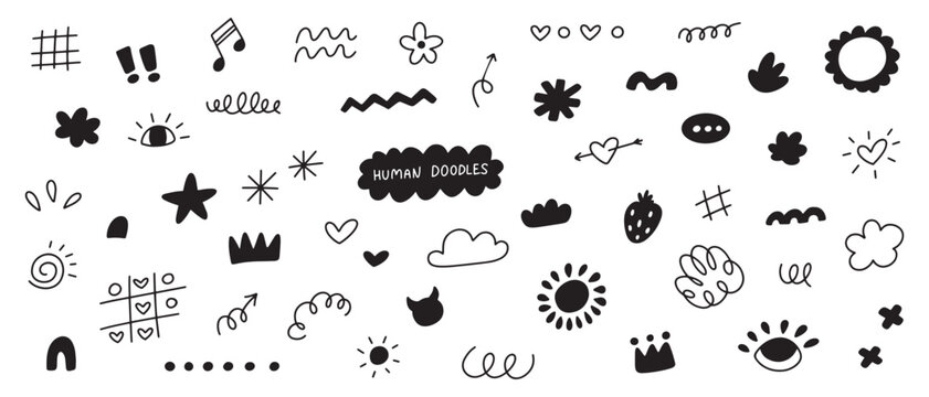 Hand drawn doodle elements set. Sketch arrows, highlights and organic shape collection. For notes, planners, presentations and creative design projects.