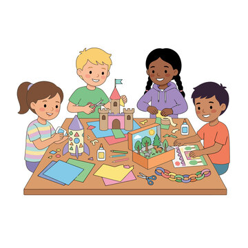 Professional of Four Children Collaboratively Crafting Colorful Castle and Space Themed Art Projects with Scissors Glue Paint and Paper