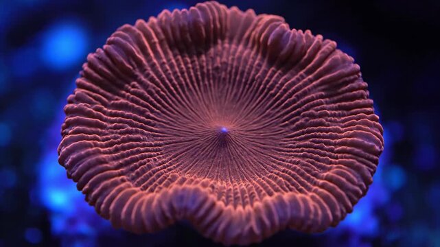 A single reddish brown coral polyp with radiating folds on a dark blue background with bright bokeh