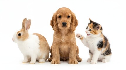 Fototapeta premium Cocker spaniel puppy sitting with a calico kitten and a brown white bunny, small pets posing together against a bright white background for studio photography