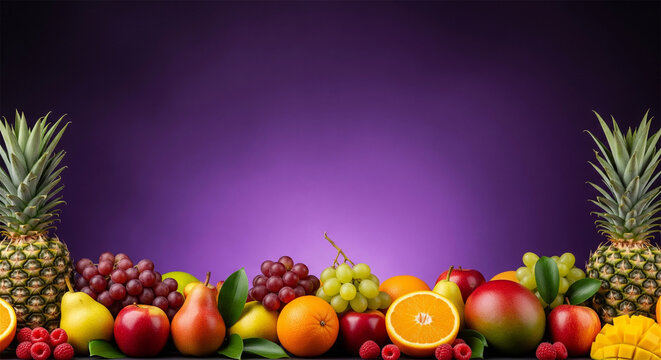 Fresh tropical fruit border on purple background, assortment of organic fruits and berries, healthy food banner with copy space